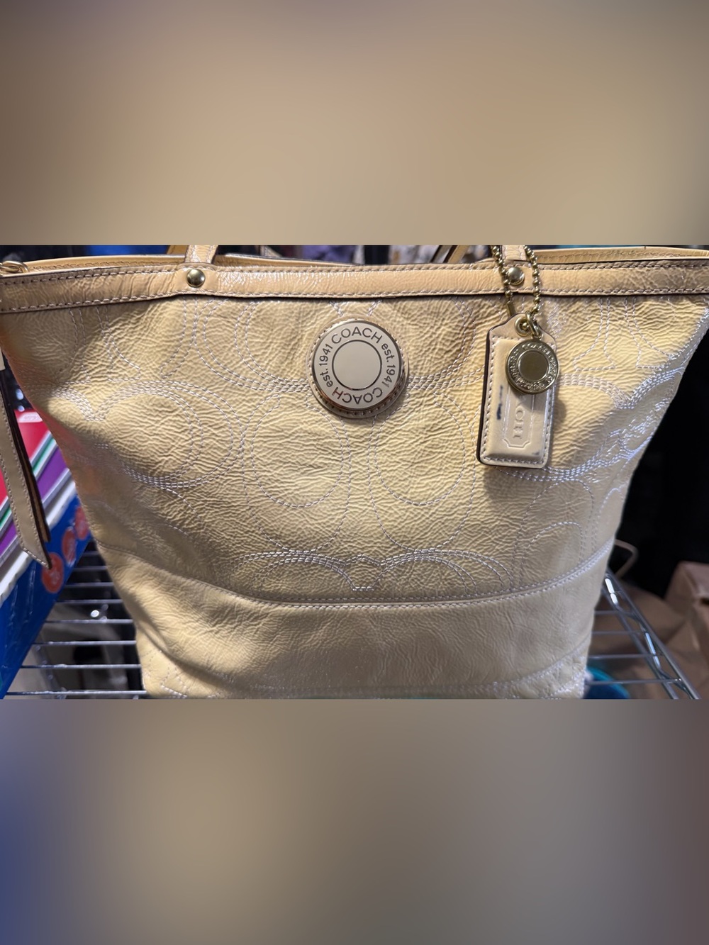 Coach Yellow Leather Shoulder Tote with Branded Medallion